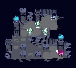 1girl 1other antenna_hair armor armored_boots armored_gloves black_hair black_jacket black_pants black_shoes blue_fire blue_skin boots bright_pupils closed_mouth colored_skin commentary_request covered_eyes deltarune fire freckles full_body furry furry_female gameplay_mechanics gloves green_eyes grey_boots grey_gloves grin hair_over_eyes hands_on_own_hips heart helltaker holding holding_sword holding_weapon jacket komugiko_(bitte_komu) kris_(dark_world)_(deltarune) kris_(deltarune) long_hair pants pink_hair pink_pants pink_scarf pink_skin rudinn_(deltarune) scarf shoes short_hair shoulder_armor sleeveless sleeveless_jacket smile spoken_heart susie_(dark_world)_(deltarune) susie_(deltarune) sword weapon white_pupils