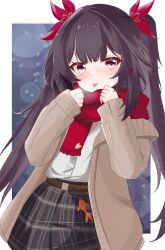 Rule 34 | 1girl, belt, border, breath, brown hair, cardigan, commentary request, fish, goldfish, hair ornament, hairclip, hands up, highres, honkai: star rail, honkai (series), long hair, long sleeves, looking at viewer, mole, mole under eye, open cardigan, open clothes, outside border, pink eyes, plaid clothes, plaid skirt, pleated skirt, scarf, shirt tucked in, skirt, smile, solo, sparkle (honkai: star rail), tongue, tongue out, twintails, very long hair, x hair ornament, zerosama (sailuojiang)