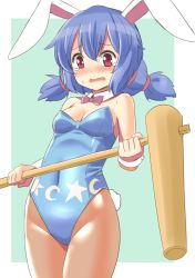 1girl animal_ears bare_shoulders blue_hair blush bow bowtie breasts brown_pantyhose cleavage cowboy_shot embarrassed female_focus highleg highleg_leotard kine leotard low_twintails mallet multi-tied_hair open_mouth pantyhose playboy_bunny rabbit_ears rabbit_girl rabbit_tail red_eyes seiran_(touhou) shimouki_izui short_twintails small_breasts solo tail tears thighs touhou twintails wavy_mouth wrist_cuffs