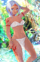 1girl arm_tattoo armor bathing blue_eyes bracelet cloud collarbone commentary_request covered_erect_nipples dark-skinned_female dark_skin day earrings eyes_visible_through_hair facial_tattoo highres japanese_armor jewelry leg_tattoo loincloth looking_at_viewer navel neck_tattoo original outdoors parted_lips see-through_clothes short_hair shoulder_tattoo silver_hair solo tan tattoo toned tribal tribal_tattoo tsurugi_hikaru water wet