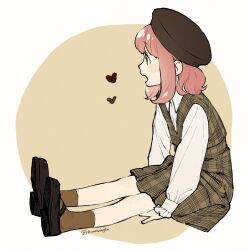 1girl anya_(spy_x_family) blunt_bangs brown_dress brown_socks circle collar commentary dress green_eyes hat heart long_sleeves medium_hair open_mouth p_notninjin pink_hair profile shoes sitting socks solo spy_x_family symbol-only_commentary twitter_username