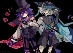 2boys android armor black_background black_shorts blush card commentary_request cosplay danganronpa_(series) danganronpa_v3:_killing_harmony feathers fingernails flipped_hair frilled_shirt frills full_body genshin_impact gloves grey_hair hair_between_eyes hand_on_headwear hat highres holding holding_card japanese_armor japanese_clothes jingasa k1-b0 kote kurokote lofter_username long_sleeves looking_at_viewer lyney_(genshin_impact) lyney_(genshin_impact)_(cosplay) makeup male_focus medium_hair mr_potassium multiple_boys off_shoulder oma_kokichi partially_fingerless_gloves playing_card purple_eyes sandals scaramouche_(genshin_impact) shirt short_hair shorts simple_background smile standing tassel teeth top_hat twitter_username wanderer_(genshin_impact) wanderer_(genshin_impact)_(cosplay) white_hair zouri