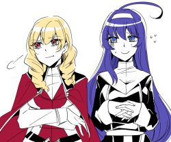 2girls ahoge awkward blonde_hair blue_eyes blue_hair breasts cape crossed_arms dress drill_hair embarrassed erika_wagner hairband huge_ahoge long_hair looking_at_another looking_away medium_breasts multiple_girls nun orie_ballardiae_harada own_hands_together red_eyes s2cikn_(yuzu) small_breasts smile sweat twin_drills twintails under_night_in-birth very_long_hair white_hairband