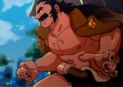 1boy amu_(omoro3bot) architecture bara bare_pectorals black_eyes black_hair blurry blurry_background coat cropped_legs curled_fingers east_asian_architecture facial_hair fur-trimmed_coat fur_trim hair_tuft highres japanese_clothes kamado_(pokemon) male_focus mature_male medium_hair mustache nintendo nipples pectorals pokemon pokemon_legends:_arceus thick_eyebrows