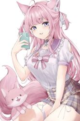 Rule 34 | 1girl, :3, animal ears, antenna hair, belt, belt collar, black belt, black choker, blush, bow, bowtie, breasts, cellphone, chest bow, choker, clothing cutout, collar, commentary, fang, fingernails, frilled sailor collar, frills, hair ornament, hair ribbon, hairclip, hakui koyori, hakui koyori (school uniform), heart, heart hair ornament, highres, holding, holding phone, hololive, kokoro (hakui koyori), large breasts, long hair, looking at viewer, mugi (mugichu), nail polish, open mouth, phone, pink bow, pink bowtie, pink eyes, pink hair, pink nails, pink sailor collar, pink skirt, plaid clothes, plaid skirt, ribbon, sailor collar, school, school uniform, serafuku, short sleeves, shoulder cutout, simple background, skin fang, skirt, smartphone, smile, star ornament, striped bow, tail, thigh strap, thighs, two side up, virtual youtuber, white background, white ribbon, white serafuku, wolf ears, wolf girl, wolf tail