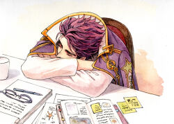 1boy black_hair book chain chair closed_eyes coat coat_on_shoulders commentary_request cup glasses jojo_no_kimyou_na_bouken kuujou_joutarou lanxjourney male_focus mug no_headwear open_book paper pen purple_coat sitting sleeping solo sticky_note stone_ocean table unworn_eyewear upper_body