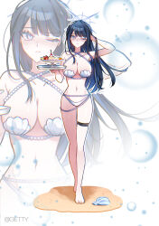Rule 34 | 1girl, absurdres, alternate costume, beads, bikini, blue archive, blue eyes, blue hair, blue halo, full body, getty-gy, halo, highres, holding, long hair, navel, one eye closed, saori (blue archive), seashell, shell, shell bikini, solo, swimsuit