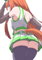 1girl absurdres animal_ears ass blue_eyes blunt_bangs blush breasts commentary_request hair_ornament hairband highres horse_ears horse_girl horse_tail itosu200 looking_at_viewer orange_hair silence_suzuka_(umamusume) sleeveless small_breasts solo tail thighhighs umamusume white_background