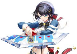 1girl aqua_eyes back_bow beret black_bow black_bowtie black_hair blue_jacket blue_shorts bow bowtie braid commentary cropped_jacket cropped_shirt dark_magician duel_disk grey_hat grey_shirt hair_ornament hairclip hat highres hirano_masatoshi hololive jacket large_bow long_sleeves looking_at_viewer midriff navel official_alternate_costume official_alternate_hairstyle oozora_subaru oozora_subaru_(work) open_mouth pinstripe_pattern pinstripe_shirt shirt short_hair shorts side_braid simple_background sleeve_cuffs solo star_(symbol) star_hair_ornament suspenders swept_bangs teeth upper_teeth_only v-shaped_eyebrows virtual_youtuber white_background yu-gi-oh! yu-gi-oh!_duel_monsters