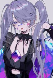 1girl absurdres bandaid bandaid_on_cheek bandaid_on_face bandaid_on_nose black_shirt chest_jewel collar detached_collar frilled_collar frilled_shirt frills gam_1124 gem grey_hair hair_over_one_eye highres hololive hololive_english jewel_under_eye koseki_bijou koseki_bijou_(casual) long_hair purple_eyes purple_gemstone shirt solo tongue tongue_out twintails virtual_youtuber