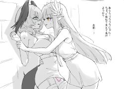 2girls arknights blue_eyes breasts camisole cleavage commentary_request elf eye_contact garter_straps greyscale head_wings highres ho&#039;olheyak_(arknights) kabedon large_breasts laurel_crown long_hair looking_at_another medium_breasts monochrome muelsyse_(arknights) multiple_girls pointy_ears remote_control_vibrator sex_toy sidelocks skirt tail thighhighs translation_request uof vibrator wings yellow_eyes yuri