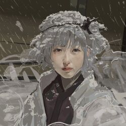 1other androgynous blue_eyes fujiwara_no_iyozane grey_sky hatsburg highres husbant_(meme) jacket japanese_clothes kimono len&#039;en lips meme nose one_side_up purple_kimono sky snow_on_clothes snow_on_head snowing solo upper_body white_hair white_jacket