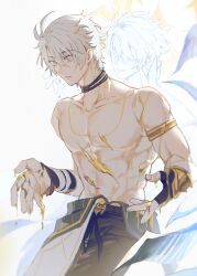 1boy abs absurdres antenna_hair arm_cuffs armor bare_pectorals belt_collar biceps black_choker black_gloves black_pants blood blood_on_hands blue_eyes chest_tattoo choker collar covered_eyes dark_persona double_halo fingerless_gloves ggtnnk gloves gold_armor gold_blood gold_halo hair_between_eyes hair_over_eyes halo highres honkai:_star_rail honkai_(series) injury leaning_forward looking_at_hand looking_down male_focus neck_tattoo no_eyes pants parted_lips partially_undressed pectorals phainon_(honkai:_star_rail) raised_eyebrows reach-around reaching short_hair smirk solo solo_focus spiked_hair spiked_halo sun_symbol surprised tattoo torso upper_body white_hair wide-eyed yellow_blood yellow_pupils