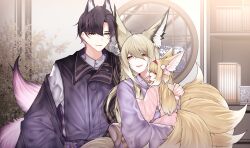 Rule 34 | 1boy, 2girls, absurdres, animal ear fluff, animal ears, arknights, blonde hair, closed eyes, commentary, dated commentary, earrings, english commentary, extra ears, family, father and daughter, fox boy, fox ears, fox girl, fox tail, green eyes, hairband, highres, husband and wife, japanese clothes, jewelry, kitsune, kyuubi, long hair, mother and daughter, multiple girls, multiple tails, open mouth, orange eyes, purple hair, red hairband, samip, scar, scar on face, short hair, sitting, suzuran&#039;s father (arknights), suzuran (arknights), tail, teeth, upper teeth only, vulpisfoglia (arknights)