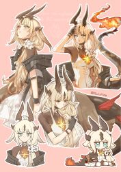 1girl aqua_eyes arknights black_gloves black_horns blonde_hair chibi commentary_request dragon_girl dragon_horns dragon_tail fire flame-tipped_tail flower gloves highres horns infection_monitor_(arknights) joul_0704 light_in_heart lily_(flower) long_hair multiple_horns multiple_views outline pink_background reed_(arknights) reed_the_flame_shadow_(arknights) simple_background tail very_long_hair white_flower white_outline