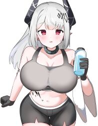 1girl absurdres arknights bare_shoulders black_gloves black_horns black_shorts black_sports_bra blush bottle breasts bright_pupils cleavage cowboy_shot crop_top drink gloves grey_hair highres holding holding_drink horns infection_monitor_(arknights) large_breasts long_hair looking_at_viewer material_growth midriff mudrock_(arknights) navel oripathy_lesion_(arknights) pointy_ears red_eyes shorts simple_background sleeveless smile solo spam_(spamham4506) sports_bra standing sweat towel water_bottle white_background white_pupils