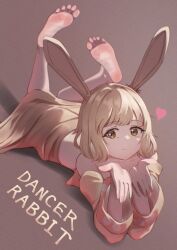 Rule 34 | 1girl, barefoot, blonde hair, dancer rabbit, feet, highres, looking at viewer, lying, medium hair, on stomach, pokokaki, rabbit and steel, rabbit ears, smile, soles, the pose, toes, yellow eyes