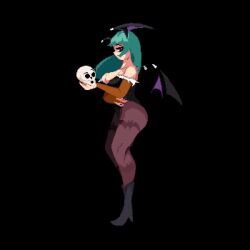 1girl animated boots bouncing_breasts breasts capcom cleavage demon_girl demon_wings from_side green_hair head_wings highres holding holding_skull large_breasts long_hair morrigan_aensland pixel_art pixeltoast red_eyes skull standing tagme darkstalkers video wings