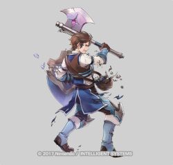 1boy aged_down axe brown_eyes brown_gloves brown_hair clenched_teeth copyright_notice damaged fire_emblem fire_emblem_awakening fire_emblem_heroes frederick_(young)_(fire_emblem) frederick_(fire_emblem) full_body gloves grey_background holding holding_axe male_focus nintendo official_art pebble pouch shield short_hair solo teeth torn_clothes wada_sachiko