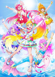 5girls 5gn9x anime_coloring blonde_hair blue_bow blue_eyes blue_hairband blue_shirt blue_sky boots bow bow_skirt bracelet capelet choker clenched_hands clothing_cutout commentary cure_coral cure_flamingo cure_papaya cure_summer day dress elbow_gloves facial_mark feather_hair_ornament feathers fingerless_gloves food-themed_hair_ornament frilled_shirt frills fruit_hair_ornament gloves green_eyes hair_between_breasts hair_ornament hairband hat hat_bow highres ichinose_minori jewelry jumping kururun_(precure) laura_la_mer legs_up looking_at_viewer magical_girl medium_dress midriff miniskirt multicolored_hair multiple_girls natsuumi_manatsu neck_ribbon neckerchief orange_eyes orange_hair orange_ribbon outdoors pink_hair pink_sailor_collar pleated_skirt pouch precure purple_boots purple_capelet purple_choker purple_dress purple_eyes purple_hair raised_fist raised_fists red_bow red_hair red_shirt red_skirt ribbon sailor_collar sailor_hat sailor_shirt shell_brooch shirt shoes short_dress short_sleeves shoulder_cutout showgirl_skirt skirt sky sleeveless sleeveless_dress sleeveless_shirt standing sun suzumura_sango takizawa_asuka tropical-rouge!_precure tsukikage_oyama white_choker white_gloves white_hat white_neckerchief white_shirt white_shoes white_skirt yellow_boots yellow_dress yellow_gloves
