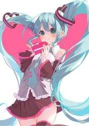 1girl aqua_eyes aqua_hair aqua_necktie arm_tattoo bare_shoulders blush box box_of_chocolates brown_skirt brown_sleeves brown_thighhighs collared_shirt detached_sleeves grey_shirt hair_between_eyes hair_ornament hairclip hatsune_miku heart heart-shaped_box heart_in_eye holding holding_box long_hair looking_at_viewer miniskirt necktie pink_background pink_box pink_stripes shirt sidelocks skirt sleeveless sleeveless_shirt smile solo striped_clothes striped_skirt striped_sleeves striped_thighhighs symbol_in_eye tattoo thighhighs thighs twintails two-tone_background upaneru_(upau8_chan) very_long_hair vocaloid white_background