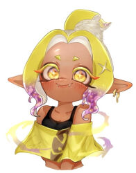 1girl blonde_hair blush collarbone cropped_torso dark-skinned_female dark_skin ear_piercing facing_viewer fangs frye_(splatoon) frye_(splatoon_raiders) fsg_gnt31 inkling looking_at_viewer piercing pointy_ears smile solo splatoon_raiders tank_top upper_body white_background yellow_eyes