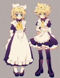 alternate_costume annoyed apron arms_behind_back blonde_hair blue_eyes bow collared_dress crossdressing crossed_arms dress enmaided frilled_apron frilled_dress frills hair_bow hair_ornament hairclip highres kagamine_len kagamine_rin long_dress looking_down maid maid_apron maid_headdress male_maid matching_outfits mattari_haruto necktie short_dress short_hair siblings simple_background standing thighhighs twins very_short_hair vocaloid white_bow yellow_necktie