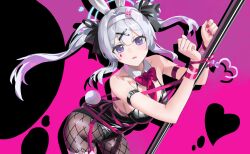 1girl absurdres alternate_costume animal_ear_hairband animal_ears bare_arms bare_shoulders black_leotard black_pantyhose blue_archive blush bound bound_arms clenched_hands cosplay facial_tattoo fake_animal_ears fake_tail fishnet_pantyhose fishnets hair_between_eyes hairband hatsune_miku hatsune_miku_(cosplay) highres leotard long_hair looking_at_viewer miyako_(blue_archive) open_mouth pantyhose purple_eyes rabbit_ear_hairband rabbit_ears rabbit_hole_(vocaloid) rabbit_tail shortofsugar sidelocks solo tail tattoo teardrop_tattoo twintails white_hair white_hairband