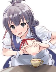 Rule 34 | 1girl, :d, alternate costume, apron, blush, breasts, collared shirt, commentary request, cup, dress, folded ponytail, furrowed brow, green eyes, hair ornament, hairclip, heart-shaped boob challenge, highres, lactating into container, lactation, large breasts, looking at viewer, maid apron, mashitono desu, neck ribbon, nipples, one breast out, open mouth, puffy short sleeves, puffy sleeves, purple dress, purple hair, red ribbon, ribbon, shirt, short sleeves, sidelocks, simple background, sketch, smile, solo, sweat, table, toji no miko, white apron, white background, white shirt, wrist cuffs, yanase mai