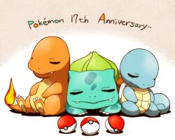 anniversary bebe_0620 bulbasaur charmander claws closed_eyes closed_mouth copyright_name fangs fire flame-tipped_tail gen_1_pokemon nintendo no_humans nostrils poke_ball poke_ball_(basic) pokemon pokemon_(creature) sitting squirtle starter_pokemon_trio tail