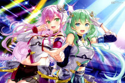 2girls :d absurdres arm_up armband asymmetrical_sleeves black_skirt black_sleeves blue_eyes blue_skirt breasts detached_sleeves floating_hair fujima_takuya gloves green_eyes green_hair hair_between_eyes highres highspeed_etoile hinata_hikari_(highspeed_etoile) index_finger_raised kuzuryuu_akari long_hair long_sleeves looking_at_viewer magazine_scan medium_breasts megami_magazine mismatched_sleeves multiple_girls navel official_art open_mouth pink_hair pleated_skirt puffy_long_sleeves puffy_sleeves purple_sleeves scan shirt skirt smile spotlight teeth upper_teeth_only very_long_hair white_gloves white_shirt white_sleeves
