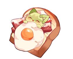 :d ^_^ bacon blush bread bread_slice closed_eyes commentary egg_(food) food highres nintendo no_humans open_mouth pokemon pokemon_(creature) simple_background smile solo sprigatito symbol-only_commentary toast under_covers white_background yupo_0322
