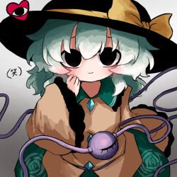 Rule 34 | 1girl, :3, black eyes, black hat, blouse, blush, bow, closed mouth, commentary request, floral print, frilled shirt collar, frilled sleeves, frills, green hair, green skirt, grey background, hand on own face, hand to, hat, hat bow, hat ribbon, heart, heripantomorrow, komeiji koishi, long sleeves, looking at viewer, medium hair, print skirt, ribbon, rose print, shirt, skirt, smug, solo, third eye, touhou, translation request, upper body, wide sleeves, yellow bow, yellow ribbon, yellow shirt