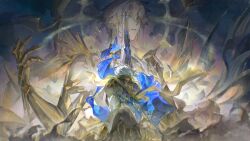 Rule 34 | 1boy, alternate form, asymmetrical wings, black cloak, black shirt, black wings, blonde hair, blue cape, cape, clawed gauntlets, cloak, coat, cracked skin, flame reaver of the deepest dark, floating cape, hair between eyes, halo, halo behind head, hashtag-only commentary, highres, holding, holding sword, holding weapon, honkai: star rail, honkai (series), hood, hood up, hooded cloak, male focus, mask, material growth, multiple persona, multiple views, phainon (honkai: star rail), shirt, short hair, sword, torn clothes, torn shirt, weapon, white coat, white hair, wings, yellow blood, yellow eyes, yellow wings, you yeyou0904