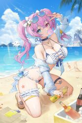 1girl absurdres ahoge bag bare_shoulders beach bikini bird black_choker blowing_bubble_gum blue_bikini blue_bow blue_eyes blue_sky blue_streaks bottle bow bow_bikini breasts brown_sandals bubble chewing_gum chinese_commentary choker cleavage closed_mouth cloud cola collarbone commentary_request cooler criss-cross_straps crossed_bangs day earrings feet flower frilled_bikini frilled_choker frilled_thigh_strap frills front-tie_bikini_top front-tie_top full_body hair_between_eyes hair_bow hair_ornament hairclip halterneck hand_up head_tilt heart heart_earrings heterochromia highres holding holding_bottle ice ice_cube indie_virtual_youtuber jewelry juice kiriko_(araragikoyomi) kneeling large_breasts legs lens_flare light_rays lightning_ahoge lightning_bolt lightning_bolt_hair_ornament lightning_bolt_symbol long_hair long_sleeves looking_at_viewer luyeelulu mountainous_horizon multicolored_hair nail_polish navel necklace notebook ocean off_shoulder orange_juice outdoors palm_tree paper_bag parallel_hairclips partial_commentary pink_eyes pink_hair pouring purple_nails sand sand_castle sand_sculpture sandals shirt shovel sky soda_bottle solo starfish stomach streaked_hair sunlight swimsuit thigh_strap thighs toenail_polish toenails toes tree twintails v virtual_youtuber white_bow white_shirt x_hair_ornament yellow_nails