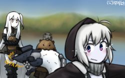 10s 2girls abyssal_ship aircraft_carrier_oni animalization bite_mark biting carrying colored_skin gauntlets hamu_koutarou hood hooded_jacket jacket kantai_collection long_hair multiple_girls one_side_up orange_eyes purple_eyes re-class_battleship scarf short_hair sketch sweat tail wavy_mouth white_hair white_skin yu yukikaze_(beaver) yukikaze_(hamster) yukikaze_(kancolle)