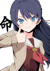 1girl black_hair blue_eyes commentary_request half_updo hasu_no_sora_school_uniform highres link!_like!_love_live! long_hair looking_at_viewer love_live! mole mole_on_neck murano_sayaka school_uniform solo tera_dash thumbs_up upper_body white_background