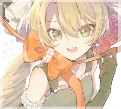 1girl :d artist_name bare_shoulders blonde_hair border bow chin_strap dated dress drill_hair earrings ebi0_r elbow_gloves flower gloves green_dress green_eyes green_gloves green_hat hair_between_eyes hand_up hat hat_flower jewelry long_hair looking_at_viewer low_twintails open_mouth orange_bow red_flower red_rose reverse:1999 rose signature sleeveless sleeveless_dress smile solo sotheby teeth translation_request transparent_border twin_drills twintails upper_body upper_teeth_only white_background