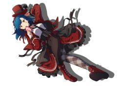 Rule 34 | 1girl, absurdres, asymmetrical bangs, asymmetrical legwear, black choker, black necktie, black pantyhose, blue hair, boots, bow, bowtie, box, breasts, choker, collared shirt, facial mark, floating hair, flower, frilled skirt, frills, full body, gift, gift box, hat, heart, heart facial mark, highres, holding, holding box, idolmaster, idolmaster million live!, jacket, layered skirt, long sleeves, looking at viewer, lying, medium breasts, medium skirt, mismatched legwear, nanao yuriko, nashiki 053, necktie, on back, pantyhose, plaid clothes, plaid jacket, plaid pantyhose, plaid sleeves, red boots, red bow, red bowtie, red flower, red hat, red jacket, red rose, red skirt, red sleeves, rose, shadow, shirt, skirt, solo, top hat, underbust, white background, white shirt, wing collar, yellow eyes