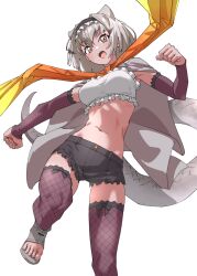 1girl bow bowtie cape commentary crop_top cutoffs detached_sleeves extra_ears fishnet_gloves fishnet_thighhighs fishnets frilled_hairband frilled_lizard_(ex)_(kemono_friends) frilled_thighhighs frills gloves grey_cape grey_hair grey_sandals grey_shorts hair_between_eyes hairband highres kemono_friends lizard_tail midriff navel open_mouth orange_bow orange_bowtie pink_sleeves pink_thighhighs reptile_girl sandals short_hair short_shorts shorts sidelocks smile solo tail tan tanabe_(fueisei) thighhighs yellow_bow yellow_bowtie yellow_eyes