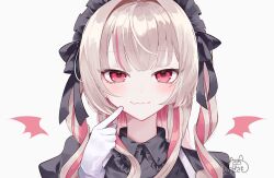 1girl black_shirt blush brown_hair closed_mouth commentary fang gloves hashtag-only_commentary heart heart_in_eye highres long_hair looking_at_viewer maid_headdress makaino_ririmu makaino_ririmu_(5th_costume) multicolored_hair nijisanji pink_eyes pink_hair pink_wings shirt signature simple_background skin_fang solo streaked_hair sudasamo symbol_in_eye two-tone_hair virtual_youtuber white_background white_gloves wings