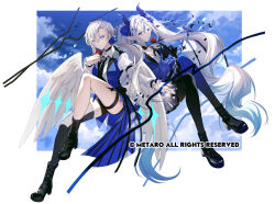 2girls black_boots black_choker black_gloves black_horns black_necktie black_shorts blue_eyes blue_ribbon boots breasts choker collarbone collared_shirt copyright_notice falling_petals flower gloves hair_between_eyes hair_ornament hair_ribbon highres holding holding_flower horns liora_walkyria long_hair long_sleeves multiple_girls necktie nova_aokami official_art petals pointy_ears purple_eyes red_flower red_rose ribbon rose sesekawa_nako shirt shorts single_thighhigh thigh_strap thighhighs twintails v&amp;u_entertainment vreverie white_hair white_shirt white_wings wing_hair_ornament wings