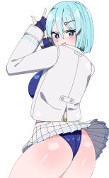 Rule 34 | 1girl, aqua eyes, aqua hair, artist request, ass, blush, breasts, dead or alive, dead or alive 6, fingerless gloves, from behind, gloves, hair between eyes, hair ornament, hairclip, highres, jacket, large breasts, leotard, leotard under clothes, miniskirt, nico (doa), open mouth, short hair, sideboob, skirt, smile, solo