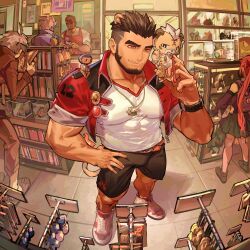 Rule 34 | 1girl, 4boys, alca (wakatanka4), animal ears, baimeme, bara, beard, brown eyes, brown hair, brown shorts, chibi, chibi inset, chinese commentary, closed mouth, collarbone, commentary, commentary request, facial hair, fisheye, full body, grin, gyee, hair slicked back, highres, indoors, jacket, lion boy, lion ears, male focus, multiple boys, muscular, muscular male, original, pectorals, red footwear, red jacket, shelf, shirt, shoes, shop, short hair, short sleeves, shorts, smile, solo focus, teeth, two-tone footwear, undercut, white footwear, white shirt