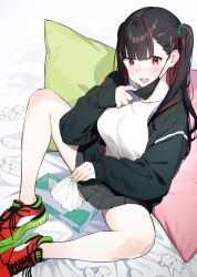 1girl black_hair black_jacket black_mask black_skirt blush earrings eight_tohyama full_body green_nails green_shoes hair_ornament hairclip implied_after_masturbation jacket jewelry knees_apart_feet_together looking_at_viewer mask mask_pull melonbooks mouth_mask multicolored_hair nail_polish open_clothes open_jacket open_mouth original pillow pleated_skirt red_eyes red_hair red_shoes shirt shoes sitting skirt sneakers solo streaked_hair teeth tissue tissue_box two_side_up upper_teeth_only used_tissue white_shirt