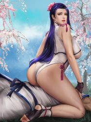 1girl ass bend bent_over blue_hair bodysuit braid breasts cowgirl_position curvy dougi earrings feet female_focus flower from_behind girl_on_top gloves goatwillow grass hair_flower hair_ornament huge_ass jewelry kneeling liu_mingxing long_hair looking_at_viewer looking_back lotus luong mole mole_under_eye outdoors pants riding see-through_clothes sideboob sitting sitting_on_person straddling tall_female the_king_of_fighters thick_thighs thighs toes tree underboob wet wide_hips yellow_eyes