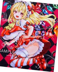 1girl ascot ass blonde_hair breasts crystal crystal_wings fangs flandre_scarlet hat highres laevatein_(touhou) large_breasts mob_cap multicolored_wings red_eyes red_shoes red_skirt ribbon shirt shoes side_ponytail sio_oekaki skirt skirt_set smile solo thick_thighs thighs touhou white_hat white_shirt wings yellow_ascot