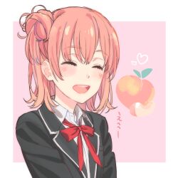Rule 34 | 1girl, anime coloring, black jacket, blazer, blush, closed eyes, commentary request, food, fruit, hair bun, highres, hozumi ayaka, jacket, medium hair, neck ribbon, open mouth, orange hair, peach, pink background, red ribbon, ribbon, school uniform, single hair bun, single side bun, smile, sobu high school uniform, solo, two-tone background, upper body, white background, winter uniform, yahari ore no seishun lovecome wa machigatteiru., yuigahama yui
