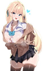 aqua_eyes areola_slip blonde_hair blush bow happy highres long_hair long_sleeves pleated_skirt school_uniform see-through_clothes serina_(blue_archive) skindentation skirt steaming_body sweat thighhighs tiffany_blews wet wet_clothes