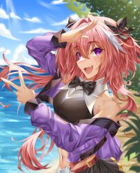 1boy absurdres astolfo_(fate) black_bow bow covered_erect_nipples fang fate/grand_order fate_(series) hair_bow highres long_hair midriff multicolored_hair multiple_hair_bows navel ocean original pink_hair purple_eyes purple_shirt salute shirt skin_fang solo streaked_hair trap twintails user_xjse7283 v water white_hair